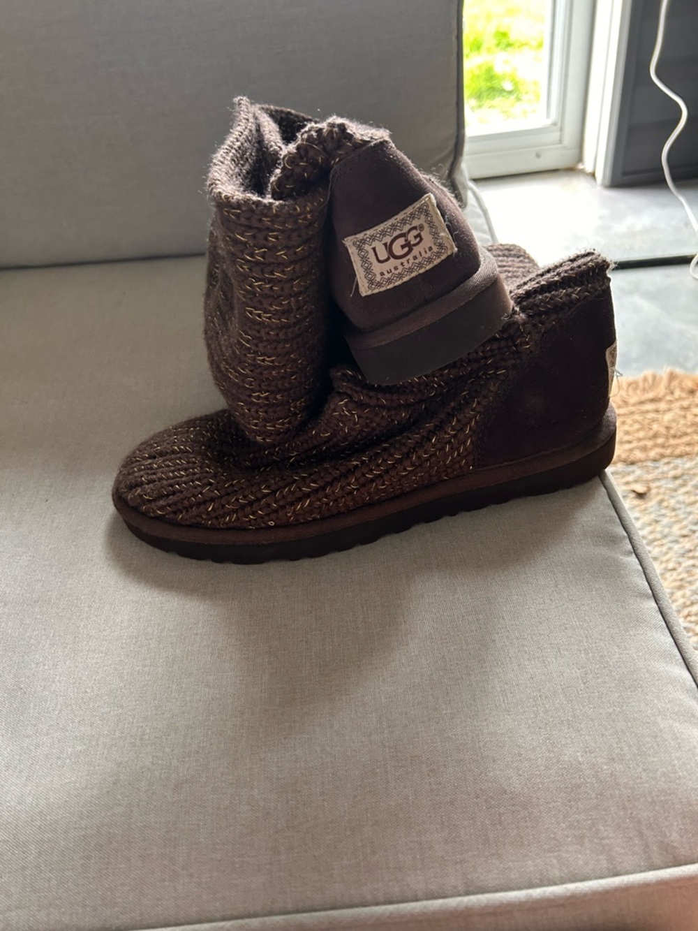 UGG Brown Knit Boot with Yellow Stitching - Picture 3 of 8